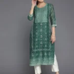 Green Printed Chanderi Silk Straight Kurta