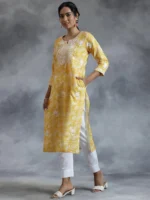 Yellow Embroidered Cotton Straight Kurta - Image 3