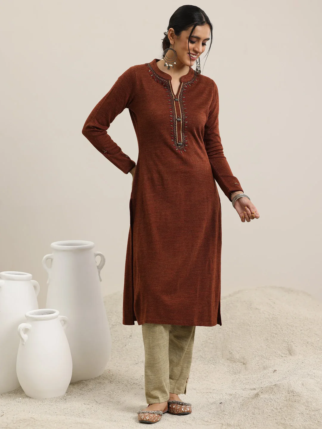 58145W_6.webp Rust Yoke Design Wool Straight Kurta - Image 1