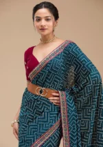 Teal Green Printed Soft Raw Silk Saree - Image 3